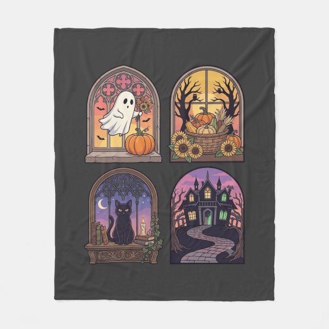 Halloween Gothic Window Ghost Pumpkin Black Cat Ha Fleece Blanket (Front)