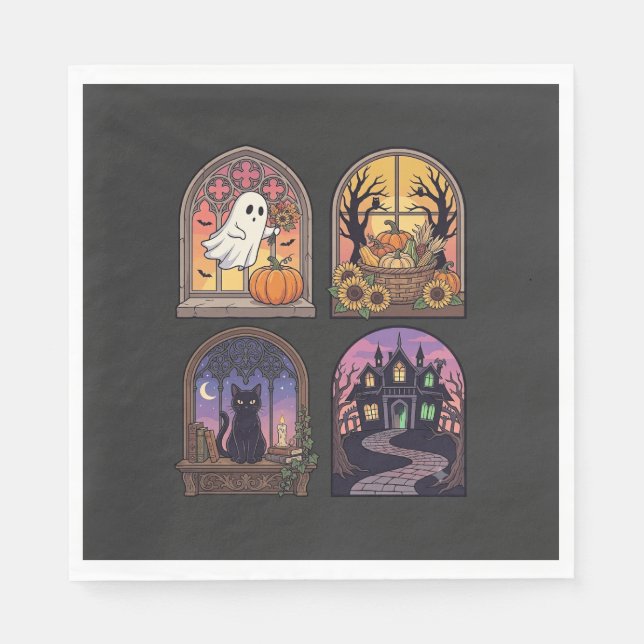 Halloween Gothic Window Ghost Pumpkin Black Cat Ha Napkin (Front)