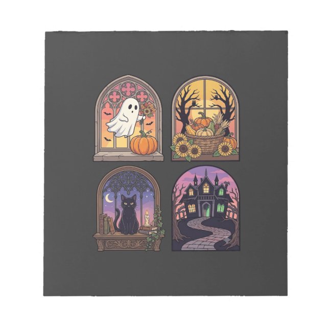 Halloween Gothic Window Ghost Pumpkin Black Cat Ha Notepad (Front)