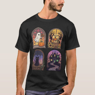 Halloween Gothic Window Ghost Pumpkin Black Cat Ha T-Shirt