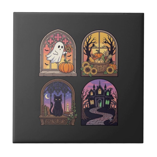 Halloween Gothic Window Ghost Pumpkin Black Cat Ha Tile (Front)