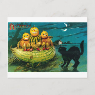Halloween Gourd Peopl and Cat Postcard