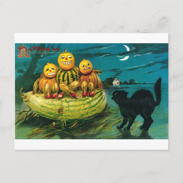Halloween Gourd Peopl and Cat Postcard (Front)