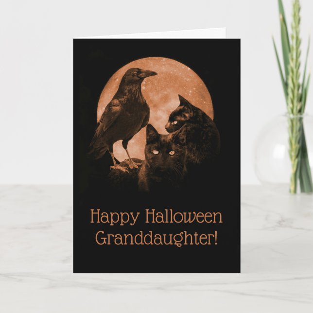 Halloween Granddaughter Cats and Raven Card (Front)
