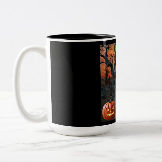 Halloween gravestone humour “Rona V. Iris”  Two-Tone Coffee Mug (Left)