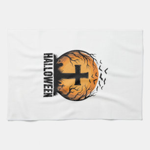 Halloween Graveyard Bats Vintage Moon Shirt Design Tea Towel