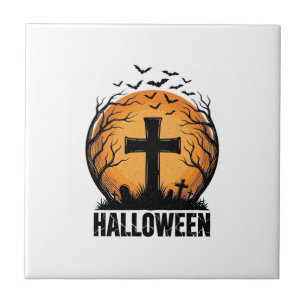 Halloween Graveyard Bats Vintage Moon Shirt Design Tile