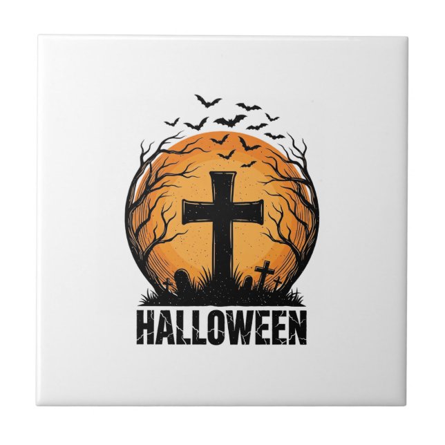 Halloween Graveyard Bats Vintage Moon Shirt Design Tile (Front)
