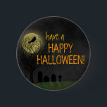 Halloween - Graveyard Crow and Moon<br><div class="desc">This spooky, creepy Halloween / autumn button shows a black crow or raven silhouette, perched in a dark, dead leafless tree in front of the full moon in the fog. A graveyard / cemetery lies below. The orange, cracked text says "have a HAPPY HALLOWEEN!" but is customisable in this easy...</div>