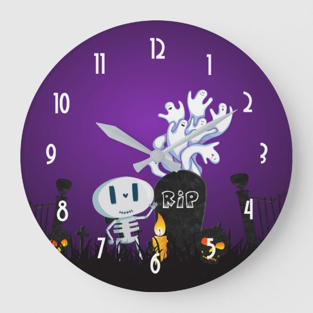 Halloween Graveyard Cute Skeleton and Ghosts Large Clock (Front)