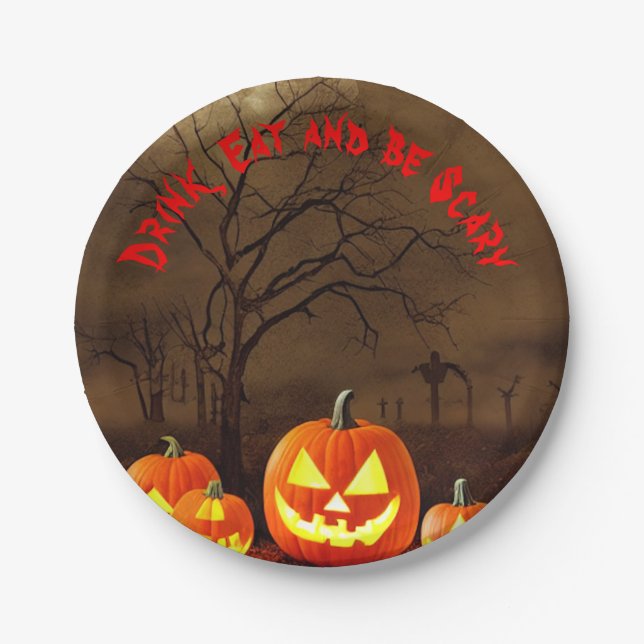 Halloween graveyard Drink Eat and be Scary Paper Plate (Front)