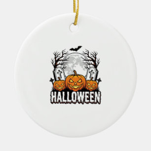 Halloween Graveyard Pumpkin Vintage Engraving Desi Ceramic Tree Decoration