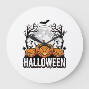 Halloween Graveyard Pumpkin Vintage Engraving Desi Large Clock