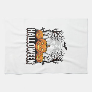Halloween Graveyard Pumpkin Vintage Engraving Desi Tea Towel