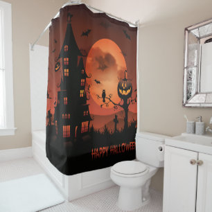 Halloween graveyard scenes pumpkin bats moon shower curtain