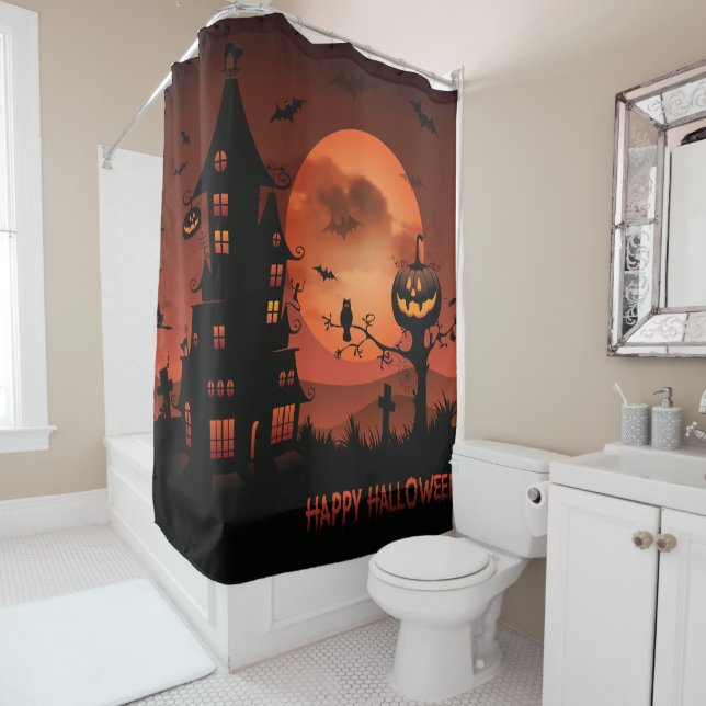 Halloween graveyard scenes pumpkin bats moon shower curtain (In Situ)