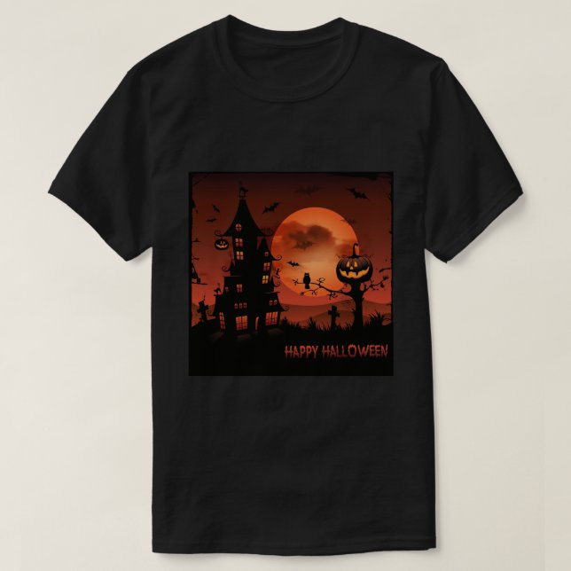 Halloween graveyard scenes pumpkin bats moon T-Shirt (Design Front)