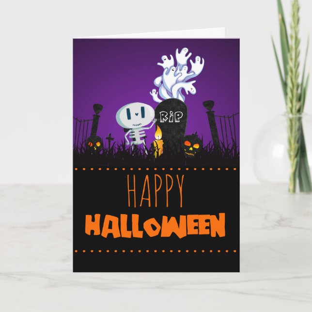 Halloween Graveyard Spooky Cute Skeleton & Ghosts Card (Front)