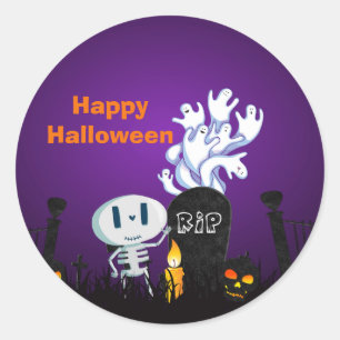 Halloween Graveyard Spooky Cute Skeleton & Ghosts Classic Round Sticker
