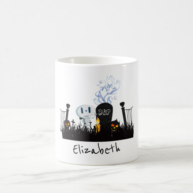 Halloween Graveyard Spooky Cute Skeleton & Ghosts Coffee Mug (Center)