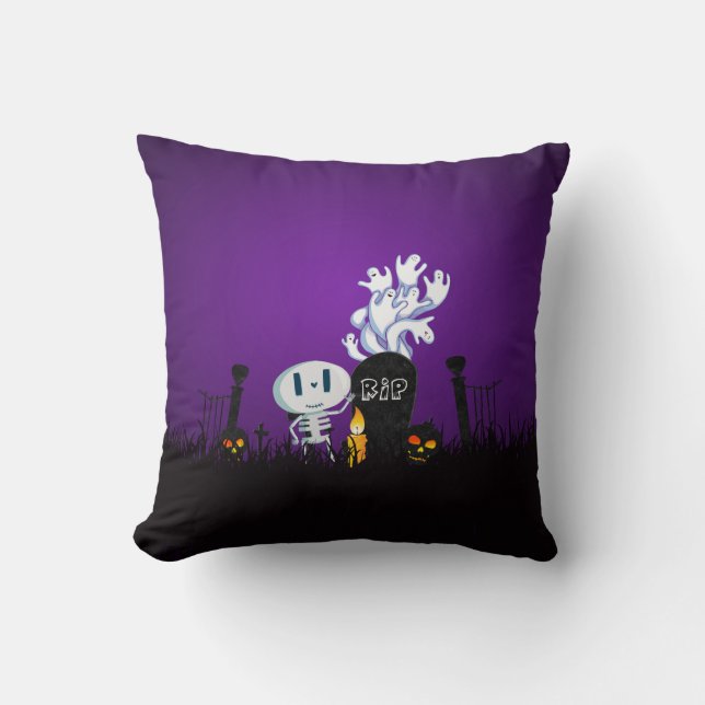 Halloween Graveyard Spooky Cute Skeleton & Ghosts Cushion (Front)