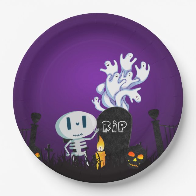 Halloween Graveyard Spooky Cute Skeleton & Ghosts Paper Plate (Front)