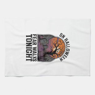 Halloween Graveyard Sunset Vintage Spooky Tree Art Tea Towel