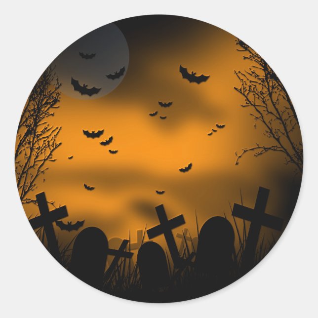 Halloween Graveyard with Bats and Tombstones Classic Round Sticker (Front)