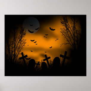 Halloween Graveyard with Bats and Tombstones Poster