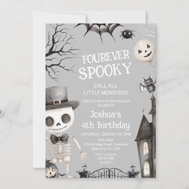 Halloween Gray Boys Fourever Spooky 4th Birthday Invitation (Front)