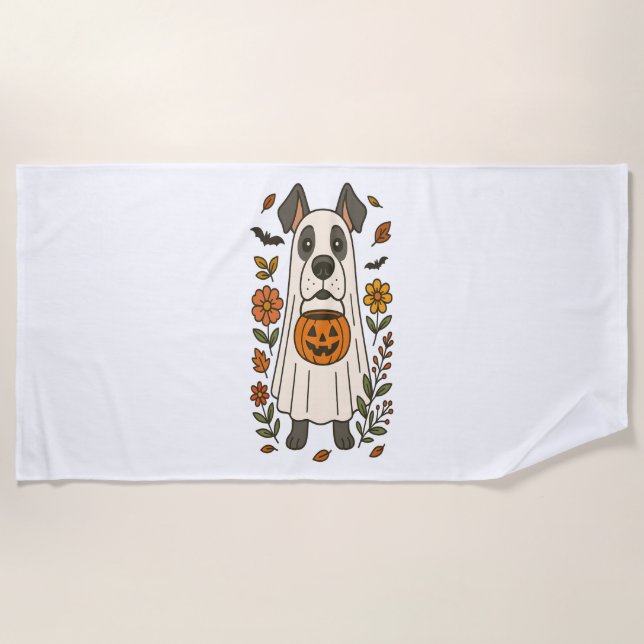 Halloween Great Dane Flowers Beach Towel (Front)