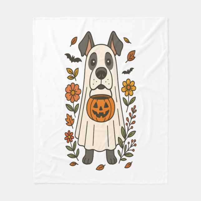 Halloween Great Dane Flowers Fleece Blanket (Front)