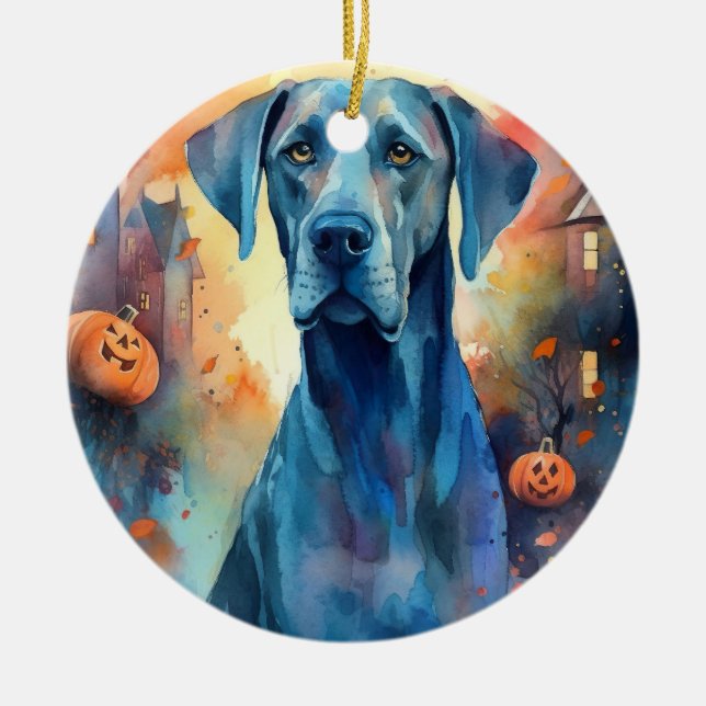 Halloween Great Dane With Pumpkins Scary Ceramic Tree Decoration (Front)