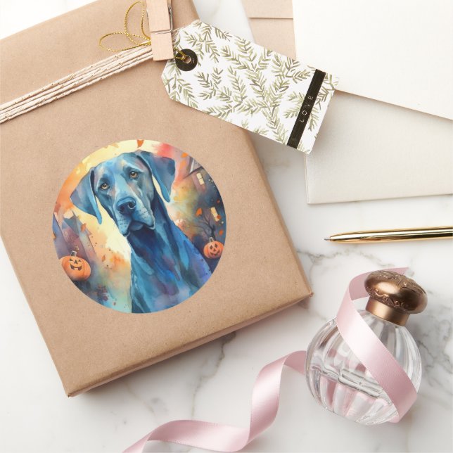 Halloween Great Dane With Pumpkins Scary Classic Round Sticker (Gifting)