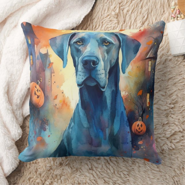 Halloween Great Dane With Pumpkins Scary Cushion (Blanket)