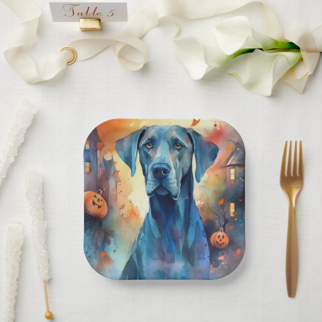 Halloween Great Dane With Pumpkins Scary Paper Plate (Wedding)
