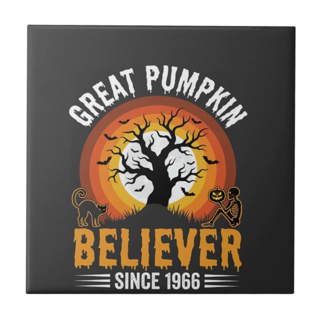 Halloween Great Pumpkin Believer Retro Skeleton Tile (Front)