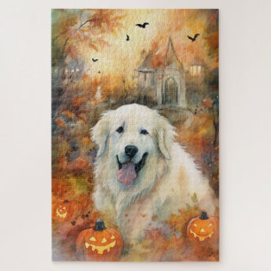 Halloween Great Pyrenees With Pumpkins Scary Jigsaw Puzzle