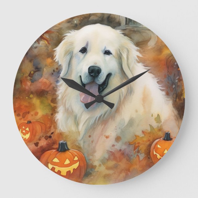 Halloween Great Pyrenees With Pumpkins Scary Large Clock (Front)