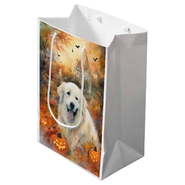 Halloween Great Pyrenees With Pumpkins Scary Medium Gift Bag (Front Angled)