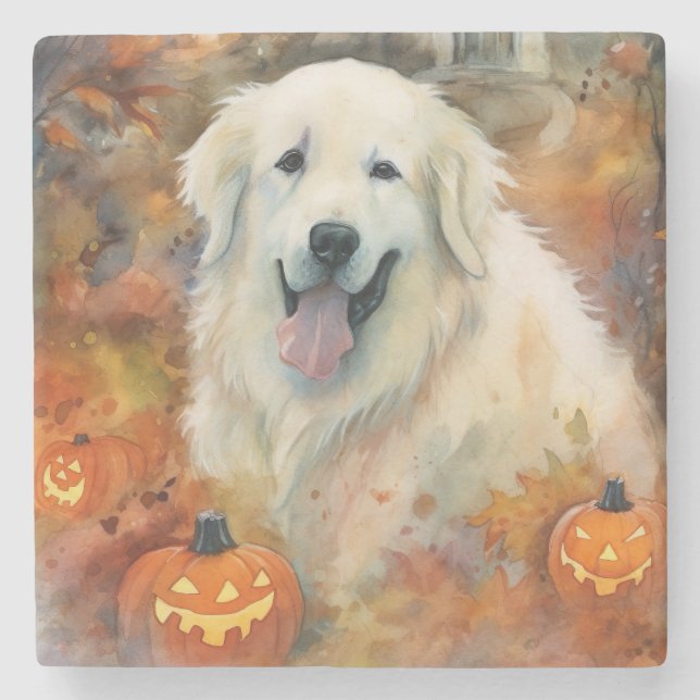 Halloween Great Pyrenees With Pumpkins Scary Stone Coaster (Front)