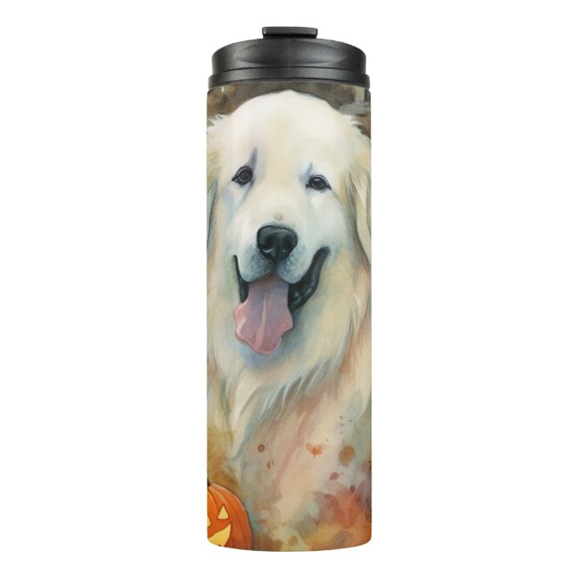 Halloween Great Pyrenees With Pumpkins Scary Thermal Tumbler (Front)