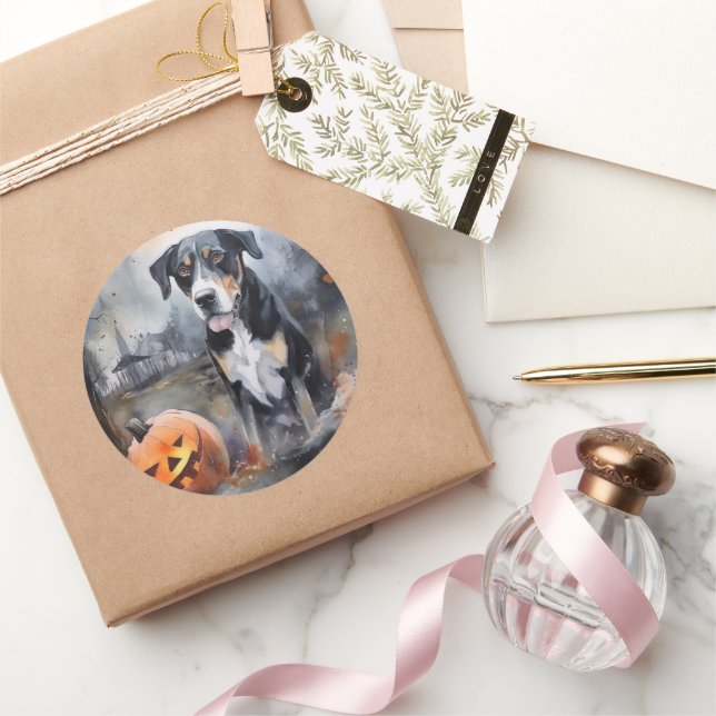 Halloween Greater Swiss With Pumpkins Scary Classic Round Sticker (Gifting)