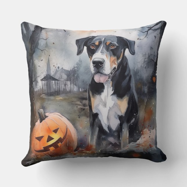 Halloween Greater Swiss With Pumpkins Scary Cushion (Back)