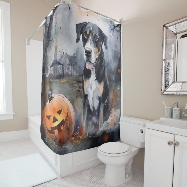 Halloween Greater Swiss With Pumpkins Scary Shower Curtain (In Situ)