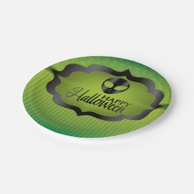 Halloween green alien paper plate (Angled)