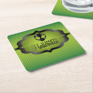 Halloween green alien square paper coaster