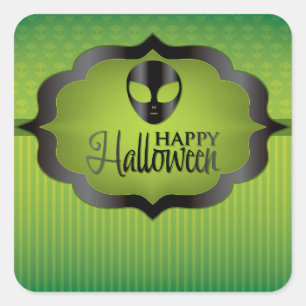 Halloween green alien square sticker