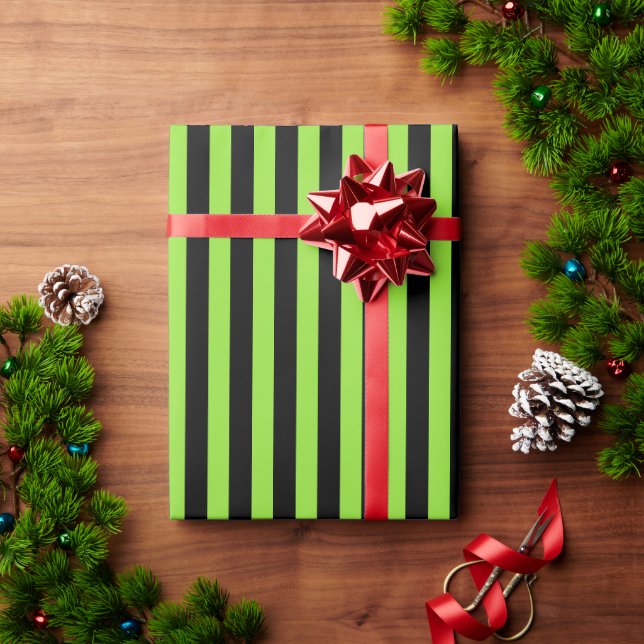 Halloween Green Black Stripes Pattern Custom Text Wrapping Paper (Holiday Gift)