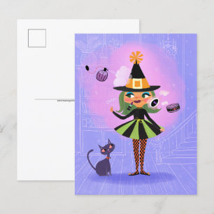 Halloween Green Hair Witch Lavender & Pink Postcard